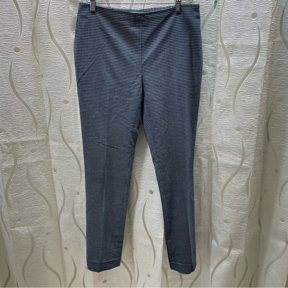 Melanie Lyne Trousers Womens 6 Navy Blue Excellent Micro-Check Side-Zip Slim